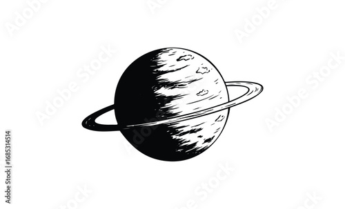 Monochrome saturn-like planet with ring in space illustration. Vector retro hand drawn illustration