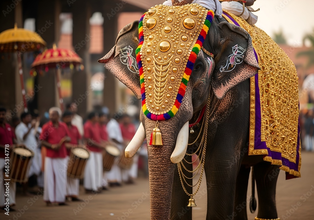 Naklejka premium Vibrant Close-up of Decorated Kerala Elephants in Temple Festival Procession - Intricate Adornments and Festive Atmosphere in India