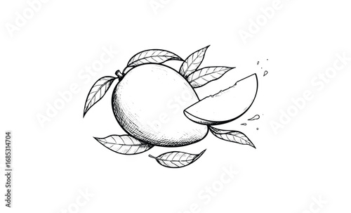 Hand-drawn mango with leaves and slice. Vector retro hand drawn illustration