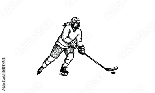 Female ice hockey player sketch in action with hockey stick and puck. Vector retro hand drawn illustration