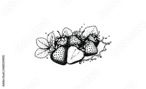 Black and white strawberry sketch with splashing water and leaves. Vector retro hand drawn illustration