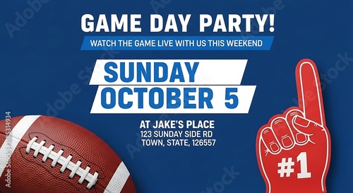 Game day party invitation with football and foam finger