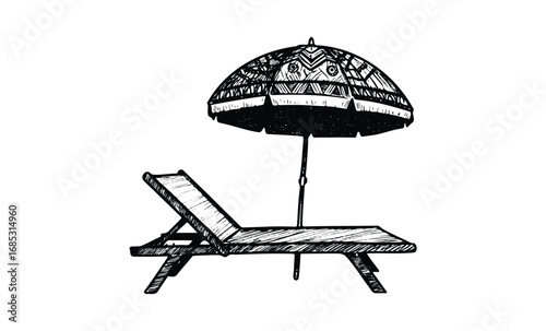 Black and white sketch of a beach lounger with decorative umbrella. Vector retro hand drawn illustration