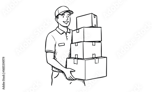 Smiling male delivery worker carrying boxes illustration. Vector retro hand drawn illustration
