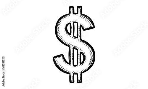 Black and white sketch of a dollar sign. Vector retro hand drawn illustration
