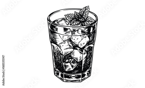Detailed black and white sketch of iced beverage with mint garnish. Vector retro hand drawn illustration