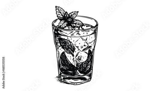 Lemon mint cocktail with ice in a tall glass black and white sketch art. Vector retro hand drawn illustration