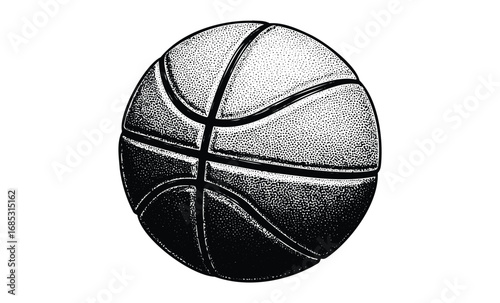 Black and white vintage basketball illustration with detailed texture. Vector retro hand drawn illustration
