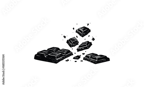 Black and white illustration of chocolate bar breaking into pieces. Vector retro hand drawn illustration