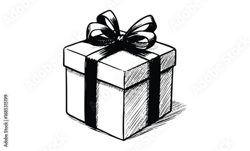 Black and white sketch of a wrapped gift box with ribbon bow. Vector retro hand drawn illustration