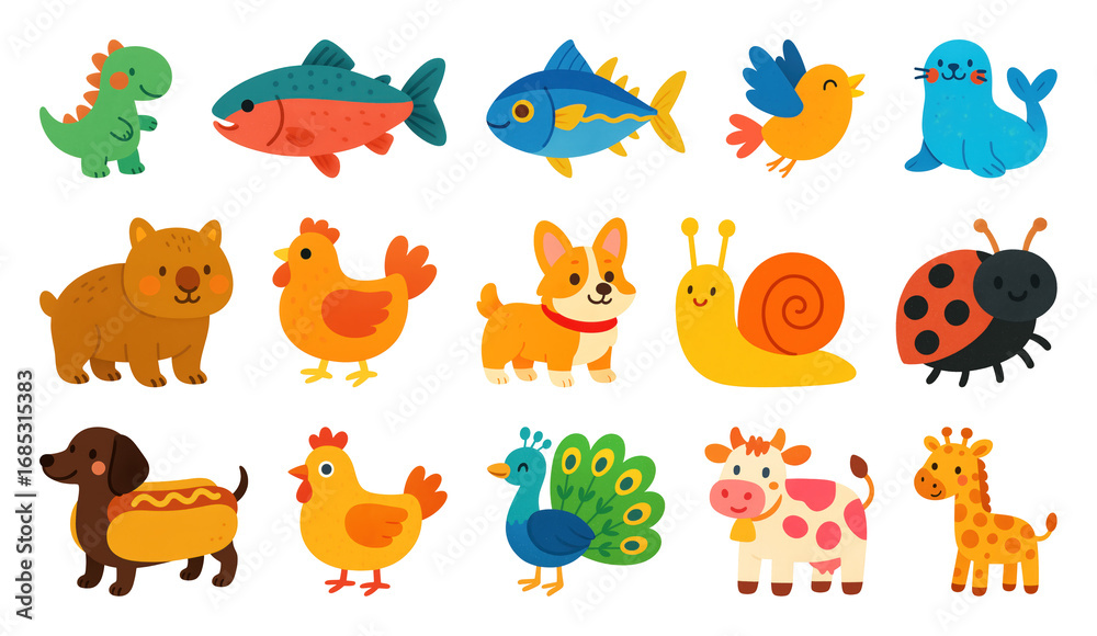 Obraz premium PNG Colorful cartoon animal illustrations, element set on transparent background