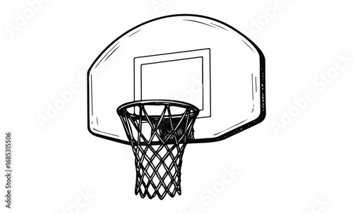Black and white illustration of basketball hoop and backboard. Vector retro hand drawn illustration