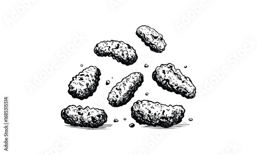 Black and white sketch of eight falling chicken nuggets. Vector retro hand drawn illustration