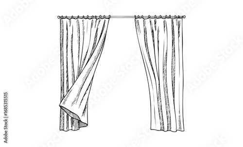 Monochrome hand-drawn curtain illustration with draped fabric detail. Vector retro hand drawn illustration