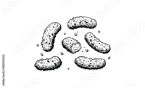 Five crunchy cheese sticks with crumbs falling. Vector retro hand drawn illustration