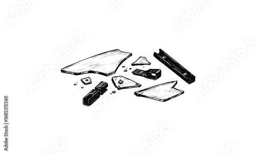Hand-drawn broken glass shards. Vector retro hand drawn illustration