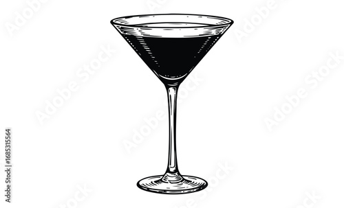 Vintage black and white sketch of a martini glass with elegant lines. Vector retro hand drawn illustration