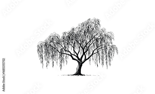 Intricate black and white willow tree drawing with detailed branches and leaves. Vector retro hand drawn illustration