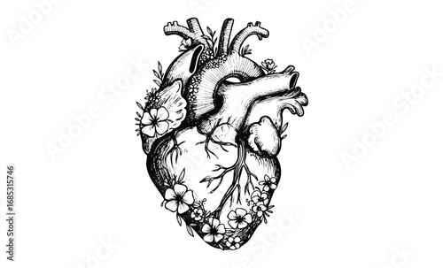 Intricate floral anatomical heart design in black and white. Vector retro hand drawn illustration