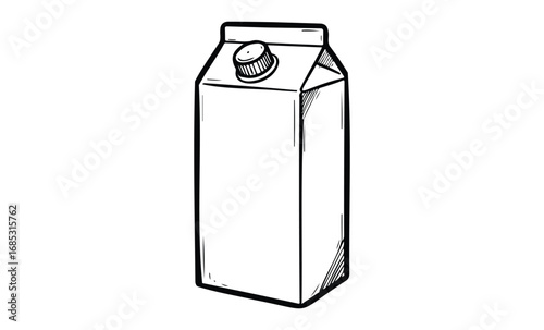 Hand-drawn outline of a milk carton with cap in black and white. Vector retro hand drawn illustration