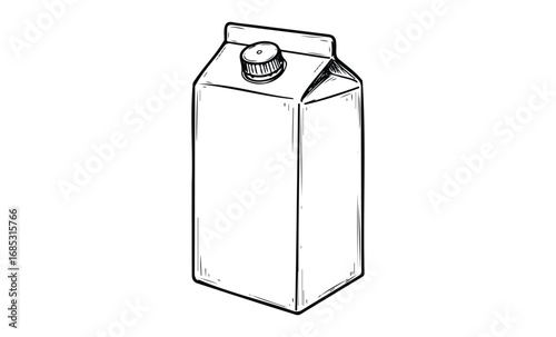 Hand-drawn illustration of a blank beverage carton with cap and minimalist design. Vector retro hand drawn illustration