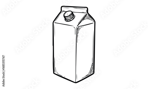 Hand-drawn black and white illustration of a carton with a screw cap lid. Vector retro hand drawn illustration