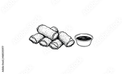 Illustration of egg rolls and dipping sauce in black and white ink drawing. Vector retro hand drawn illustration