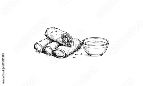 Hand-drawn spring rolls and dipping sauce: detailed food sketch. Vector retro hand drawn illustration