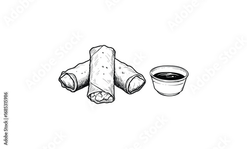 Black and white illustration of spring rolls and sauce bowl. Vector retro hand drawn illustration