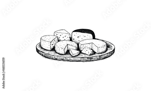 Rustic cheese platter with variety of cheeses on wooden board sketch. Vector retro hand drawn illustration
