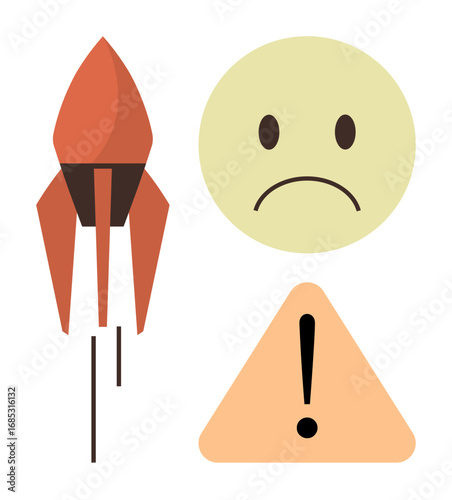 Red rocket in upward motion, yellow sad face, and orange warning sign with exclamation mark. Ideal for startup challenges, risk management, failure analysis, problem-solving, alert systems, caution