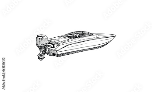 Detailed sketch of speedboat with outboard motor and cabin. Vector retro hand drawn illustration