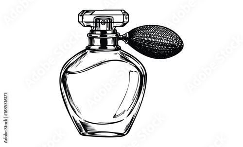 Elegant perfume bottle with vintage atomizer in black and white illustration. Vector retro hand drawn illustration