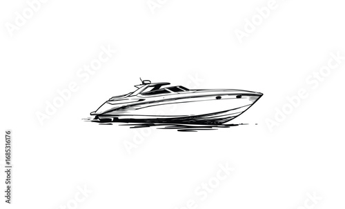 Black and white sketch of a modern motorboat on water. Vector retro hand drawn illustration