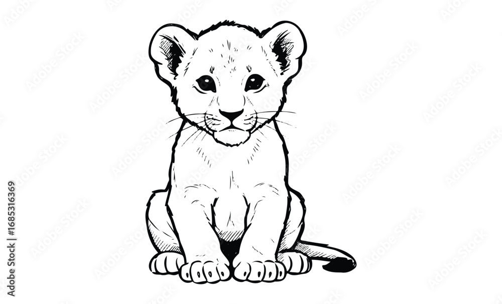 Fototapeta premium Adorable line art of a sitting lion cub. Vector retro hand drawn illustration