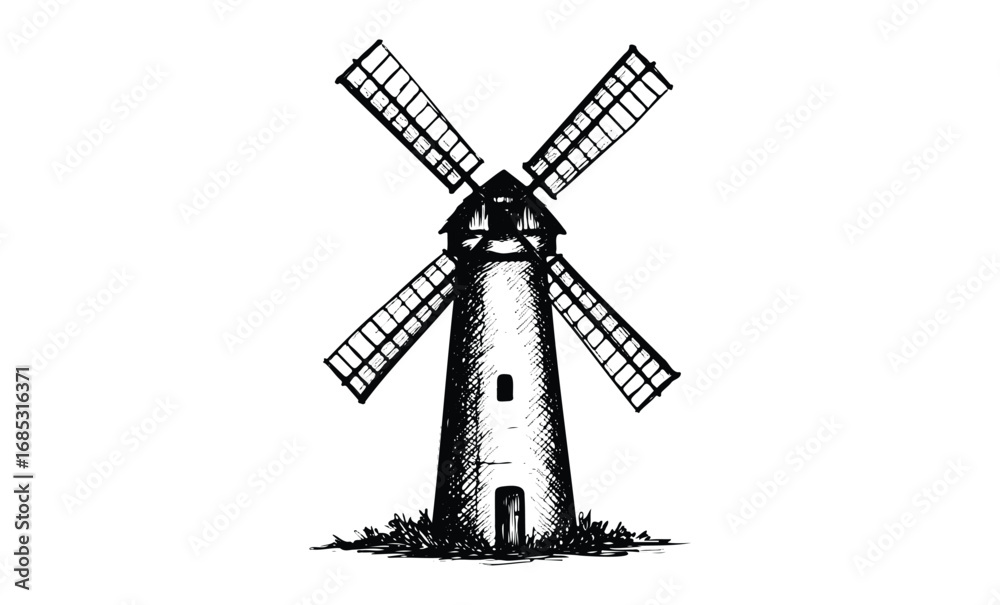 Fototapeta premium Vintage windmill sketch illustration with detailed blades. Vector retro hand drawn illustration