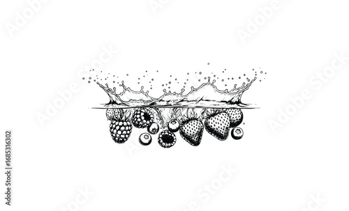 Black and white splash of berries in water: raspberry, blackberry, strawberry, blueberry. Vector retro hand drawn illustration