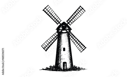 Vintage windmill sketch illustration with detailed blades. Vector retro hand drawn illustration
