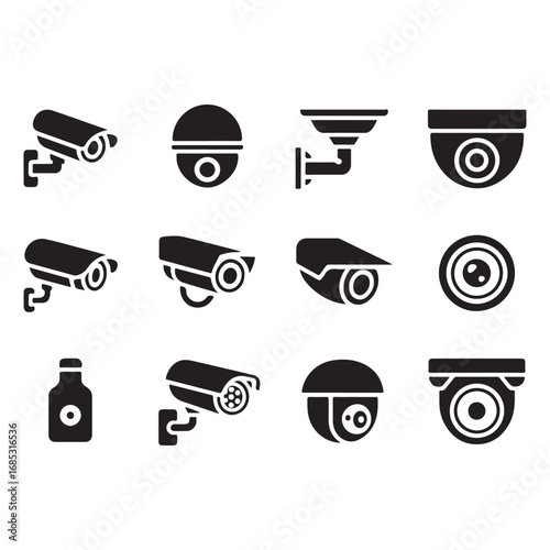 Collection of surveillance and security camera icons showing different types and angles for monitoring systems vector