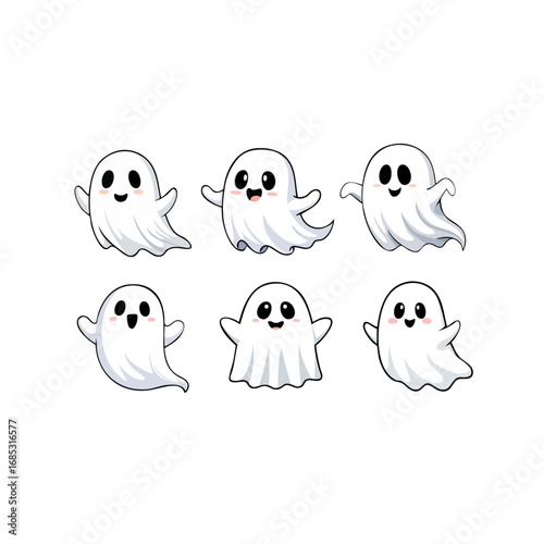 Collection of cute ghost vector on action, like running away, acting shy, and floating. Cute ghost illustration for Halloween decoration. October holiday spirits.