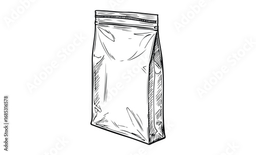 Transparent zippered plastic bag illustration, black and white sketch design. Vector retro hand drawn illustration