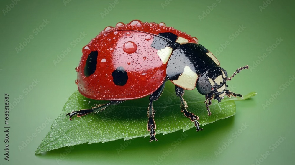 Obraz premium Detailed Macro Image of Ladybug on Green Leaf with Water Drops