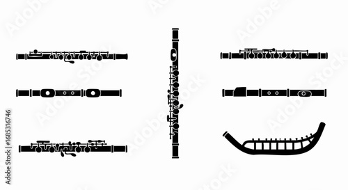 Diverse black silhouettes of woodwind instruments, featuring a range of flutes, fifes, and a distinct multi-pipe wind instrument design.