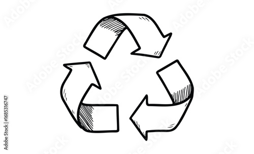 Hand-drawn recycling symbol with three arrows in black and white. Vector retro hand drawn illustration