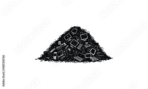 Pile of e-waste: discarded electronic devices in black and white. Vector retro hand drawn illustration