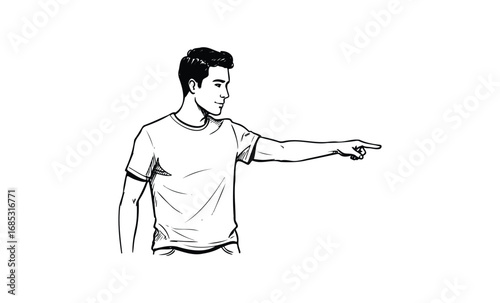 Young caucasian male pointing sideways line art illustration. Vector retro hand drawn illustration