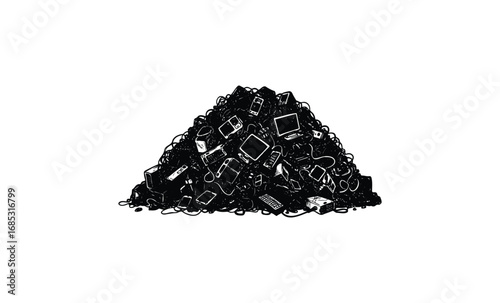 Pile of electronic waste featuring old gadgets and devices. Vector retro hand drawn illustration