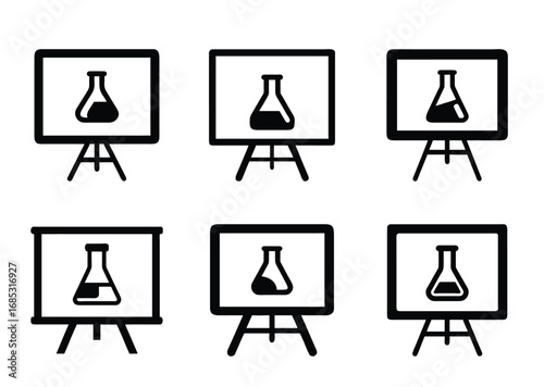 Black and white illustration of research flasks on stands for science presentations
