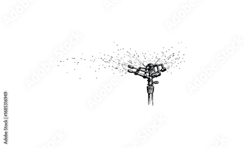 Sketch of water sprinkler in action with splashing drops. Vector retro hand drawn illustration
