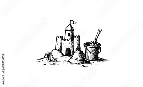 Sketch of sandcastle with tower and bucket. Vector retro hand drawn illustration